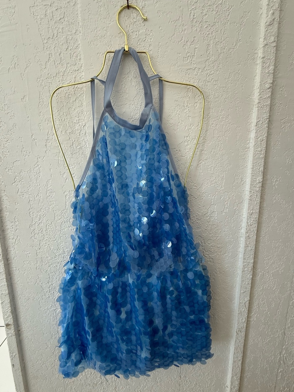 Blue Sequined Halter Neck Open Back Mini Dress Romper